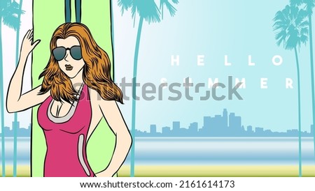 Hello summer beach. Palm tree and city scape silhouette. Surfer girl. Los Angeles, California, Hollywood. Design of banner, poster, newsletter, advertisement, leaflet, brochure, wallpaper, flyer.