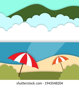 Hallo Summer Beach Papier geschnittene Hintergrund, Ozeansicht Schirmpapier Stil für Vorlage