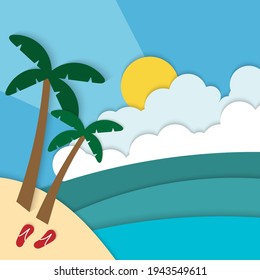 Hello Summer Beach paper cut background vector,ocean view with coconut tree paper craft illustration