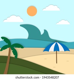 Hello Summer Beach papercut background vector,ocean view umbrella paper craft style for template