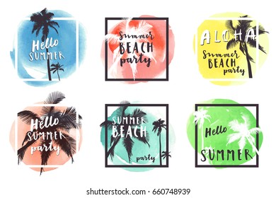 Hello Summer Beach Party. Aloha Summer. Set of 6 watercolor hand drawn greeting cards, poster templates, tropical beach vacation promotion designs in vector