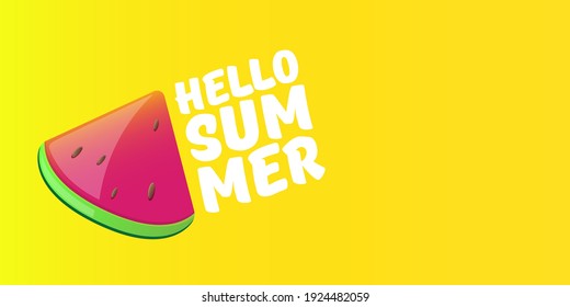 Hello Summer Beach Party bright horizontal banner Design template with fresh watermelon slice isolated on yellow background. Hello summer concept label or poster with fruit and typographic text.