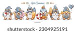 Hello Summer Beach Party With Cute Gnomes On Banner Design. Set Of Surfing Gnome Character, Cartoon Illustration