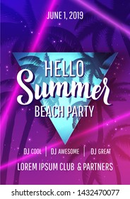 Hello summer beach party disco poster with lettering, palm trees and laser beams in trendy neon colors. Vector backround.