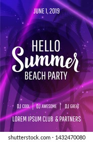Hello summer beach party disco poster with lettering, palm trees and laser beams in trendy neon colors. Vector backround.