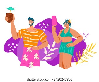 Hello Summer or Beach Party flyer or poster backdrop with cheerful people. Summertime design for banners and posters, flat vector illustration isolated on white background.