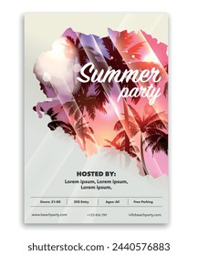 Hello Summer Beach Party Flyer. Vector. Colorful summer disco party posters with fluorescent tropic leaves. Summertime backgrounds. Sunset and sunrise. Pink and violet.