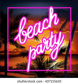 Hello Summer Beach Party Flyer. Summer sunset vector lettering background. Tropic Summer fun vacation and travel. Tropical poster colorful background and palm exotic island.