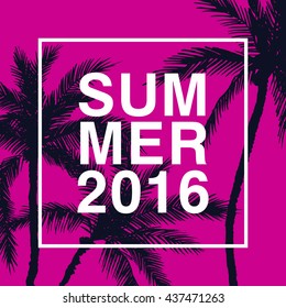 Hola veraniego de fiesta. Fondo del vectores de la puesta de sol de verano. Verano tropical, vacaciones divertidas y viajes. Colorido fondo de póster tropical y isla exótica de palmeras.