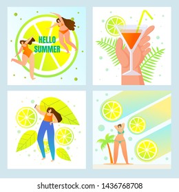 Hello Summer, Beach Party, Fresh Drinks Menu Set. Exotic Tropical Recreation. Happy Girls Offer Cocktails Dancing and Making Selfie on Palm Trees and Leaves Background Cartoon Flat Vector Illustration