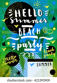 Hello Summer Beach Party. Geometric background with palm trees. Creative flat modern calligraphic card. Geometric cheerful tropical summer season party flyer, poster, placard with palm trees in vector