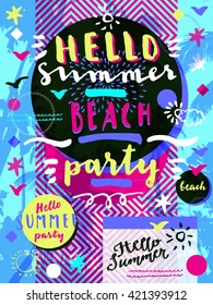 Hello Summer Beach Party. Geometric background with palm trees. Creative flat modern calligraphic card. Geometric cheerful tropical summer season party flyer, poster, placard with palm trees in vector