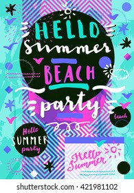 Hello Summer Beach Party. Geometric background with palm trees. Creative flat modern calligraphic card. Geometric cheerful tropical summer season party flyer, poster, placard with palm trees in vector