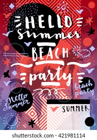 Hello Summer Beach Party. Geometric background with palm trees. Creative flat modern calligraphic card. Geometric cheerful tropical summer season party flyer, poster, placard with palm trees in vector