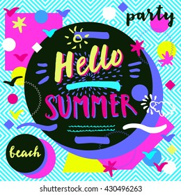 Hello Summer Beach Party. Geometric background with palm trees. Creative flat modern calligraphic card. Geometric cheerful tropical summer season party flyer, poster, placard in vector