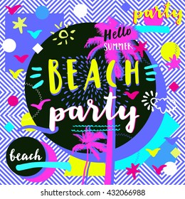 Hello Summer Beach Party. Geometric background with palm trees. Creative flat modern calligraphic card. Geometric cheerful tropical summer season party flyer, poster, placard in vector