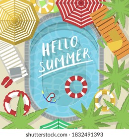 Hello summer. Beach party poster design template. Hello summer lettering. Swimming pool with blue water, swim ring, chaise longue top view. Tourism leisure fun background vector illustration