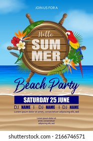 hola cartel de fiesta de playa de verano con flores tropicales y pájaros en el fondo de la playa