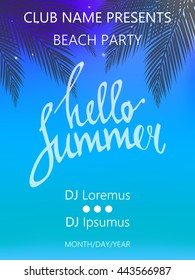 Hello Summer Beach Party Poster. Summer vector illustration with  palm trees and palm leaves.