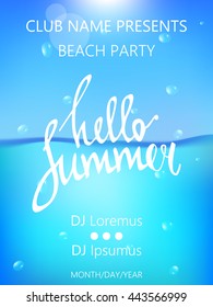 Hello Summer Beach Party Poster. Summer vector illustration with  palm trees and palm leaves.