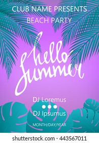 Hello Summer Beach Party Poster. Summer vector illustration with  palm trees and palm leaves.