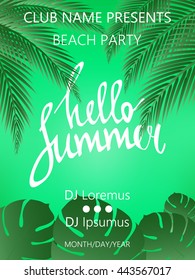 Hello Summer Beach Party Poster. Summer vector illustration with  palm trees and palm leaves.