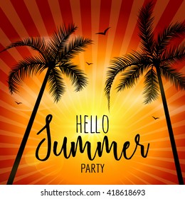 Hello Summer Beach Party. Tropical poster with sunset or sunrise bright background and palm exotic island.