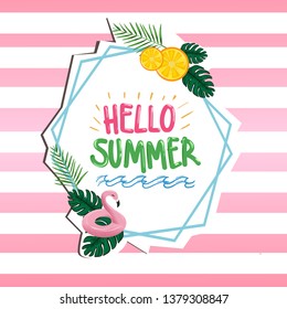 Hello Summer beach party Vector illustration element with pink stripe and tropical leaves