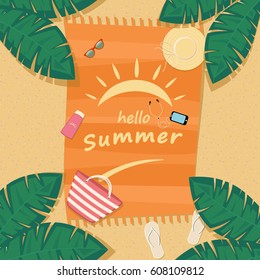Hello summer beach poster design with palm tree and beach accessories on the sand. Flat vector illustration.