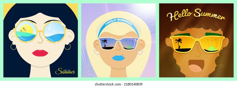Hello Summer Beach reflections on sunglasses concept. Fun summer concept. Creative view of beach on cartoon heads. Editable Vector Illustration. EPS 10. Cute and fun summer backgrounds.