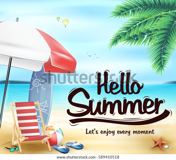 Hello Summer in the Beach Resort with Chair and Beach Umbrella Vector Illustration 