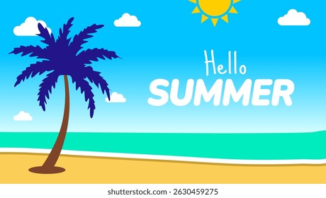 Hello Summer Beach Scene Banner. Cartoon Illustration with Palm Tree, Sun, and Ocean for a Tropical Vacation Theme. summer background or banner design template.
