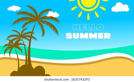 Hallo Sommer Strand Szene mit Palmen, Sonne und Wolken