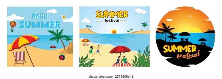 Hello Summer Beach Scene. People Enjoying the Sun and Fun. Stunning Sunset and Palm Trees. Set flat vector modern illustration 