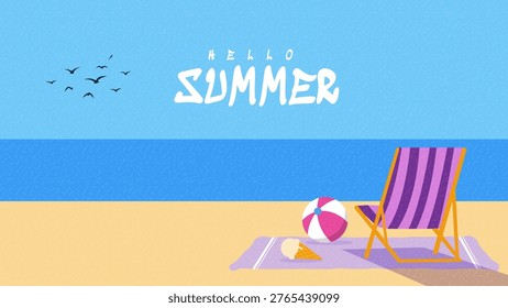 Hello Summer Beach Scene with Relaxing Chair Ice Cream and Ocean Horizon Calm Vacation Illustration