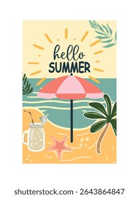 Hello Summer Beach Scene Vector Illustration.