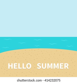 Hello summer Beach, sea ocean, sky, sand. Cute cartoon baby character. Sea ocean animal collection. Greeting card. Summer time background. Flat design. Vector illustration