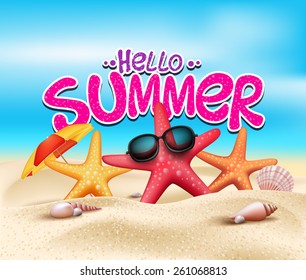 Hello Summer in Beach Seashore with Realistic Objects. Vector Illustration.