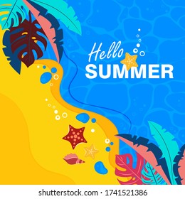Hola verano en la playa. Plantilla para afiches, pancartas, tarjetas, volantes. Dibujo vectorial Ilustración.