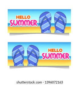 Hello summer beach set banner template with sand tropical paradise with slippers horizontal