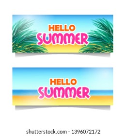 Hello summer beach set banner template with sand tropical paradise with leaves horizontal
