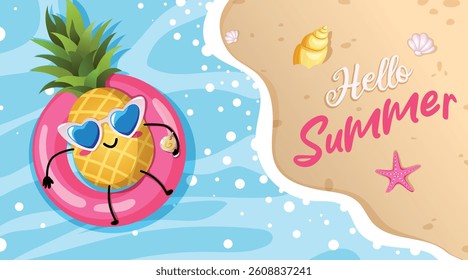 Hello Summer Beach Shore Illustration with Pineapple Relaxing on Float with Cocktail. Cute Groovy Cartoon Vector Art.
