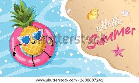 Hello Summer Beach Shore Illustration with Pineapple Relaxing on Float with Cocktail. Cute Groovy Cartoon Vector Art.