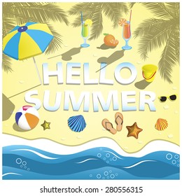 Hello summer beach sign. Summer lettering and doodles elements. Vector illustration.