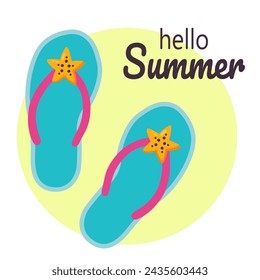 Hello summer. Beach slippers with starfish. Summer flip flops. Vector illustration in flat style.