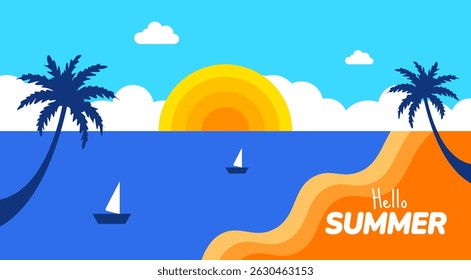 Hello Summer Beach Sunset Banner. Flat Design Illustration of Palm Trees, Ocean, Sailboats, and Setting Sun for Tropical Vacation. summer background or banner design template.