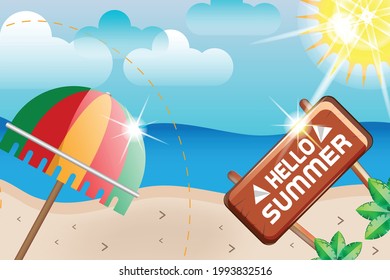 hola verano sol de playa con plantilla de victorioso de fondo editable para paraguas