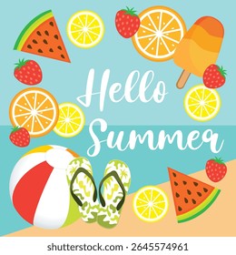 Hello Summer. Beach theme. Hand drawn vector illustration with beach ball, ice cream, watermelon, strawberries, lemons and oranges.