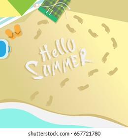 Hello Summer Beach Top Angle View Vacation Sand Tropical Seaside Ocean Flat Vector Illustration