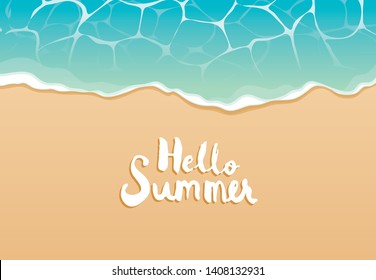 Hello summer beach top view travel and vacation background. Use for banner template, greeting card, invitation, sea and sand poster.